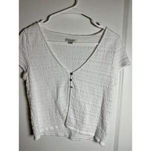 American Eagle Textured Cropped Button Front Top White Short Sleeve M